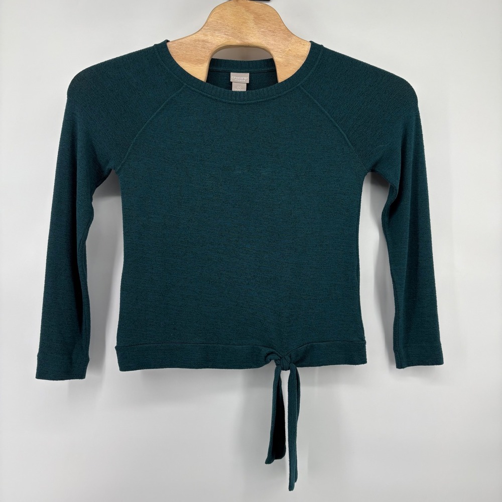 Chico's Zenergy 00 Tie Waist Long Sleeve Top Christmas Green Soft Comfort‎